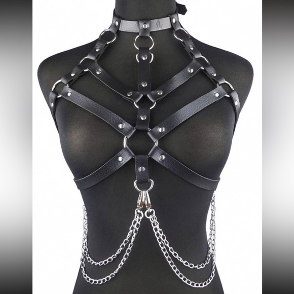 PU Leather Gothic Chain Choker Harness - Picture 1 of 9